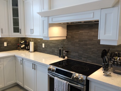 Natural Slate Charcoal Color Backsplash with Cambria Torquay and White Cabinets in Small Kitchen Remodeling